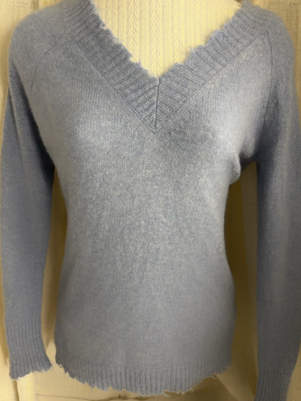 🩵 Minnie Rose 100% Cashmere Powder Slate Blue Distressed V-Neck Sweater • XS ☁️